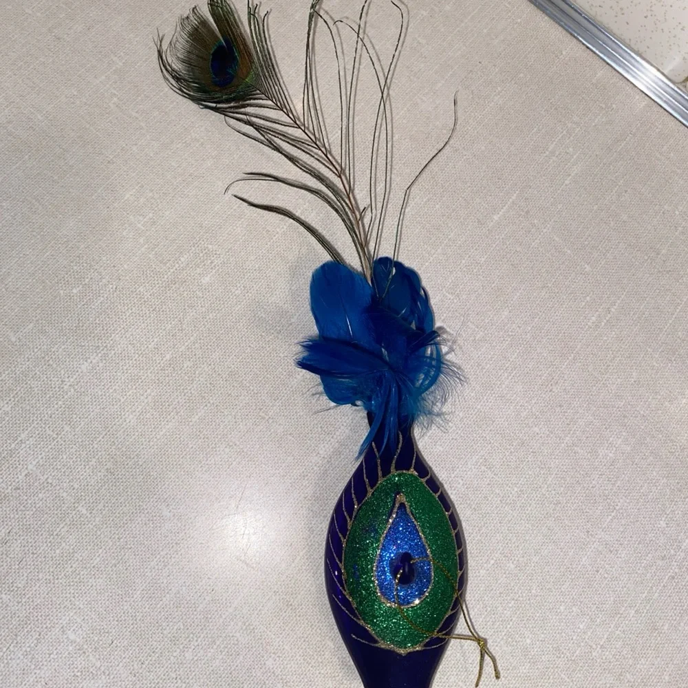 Vintage Peacock Glass Christmas Ornament With‎ Feathers